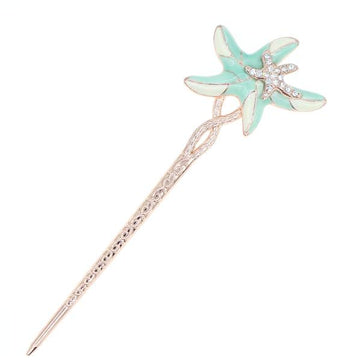 Gold Finish Yellow Enamel Seastars Hair Stick with Rhinestones